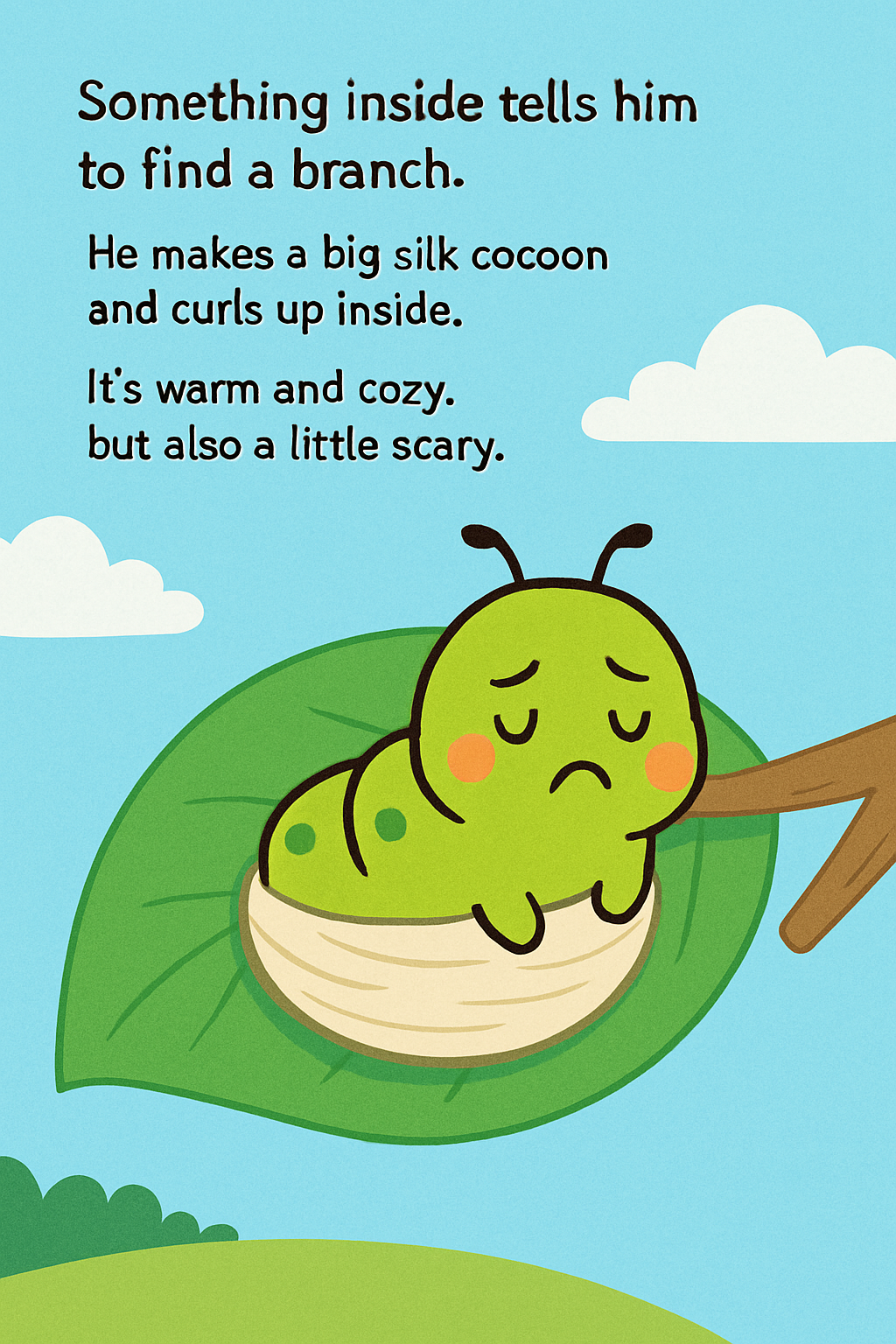 Kip curling up in a cocoon on a leaf