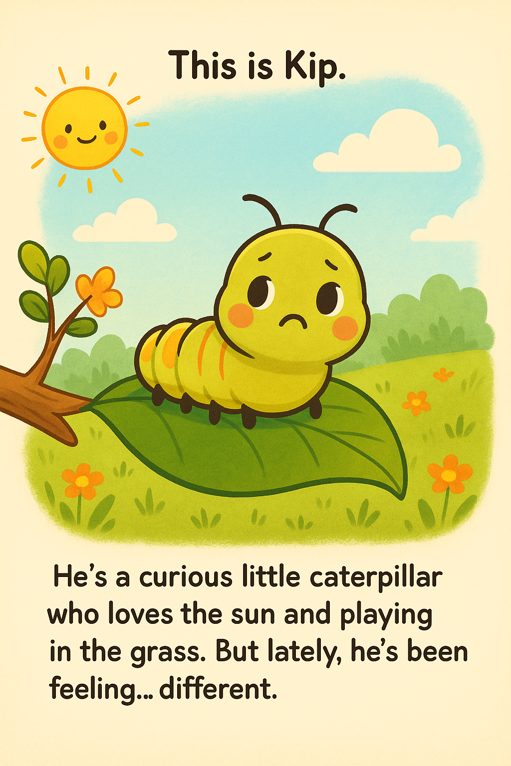 Kip the caterpillar resting on a leaf