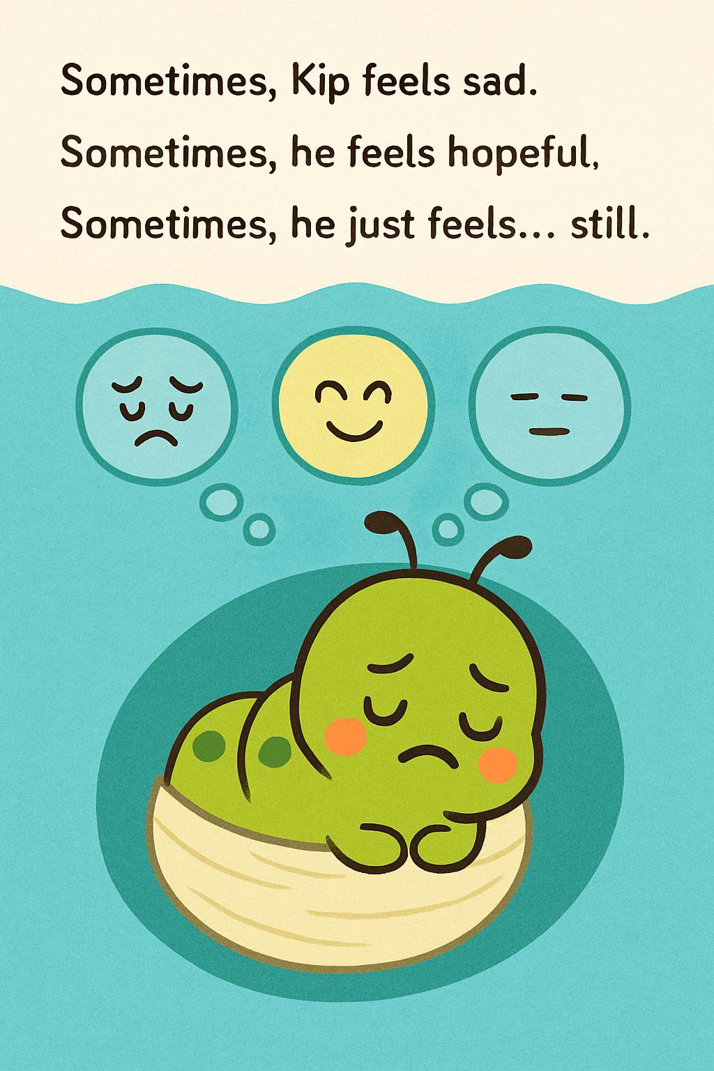 Kip in the cocoon with different emotions above him